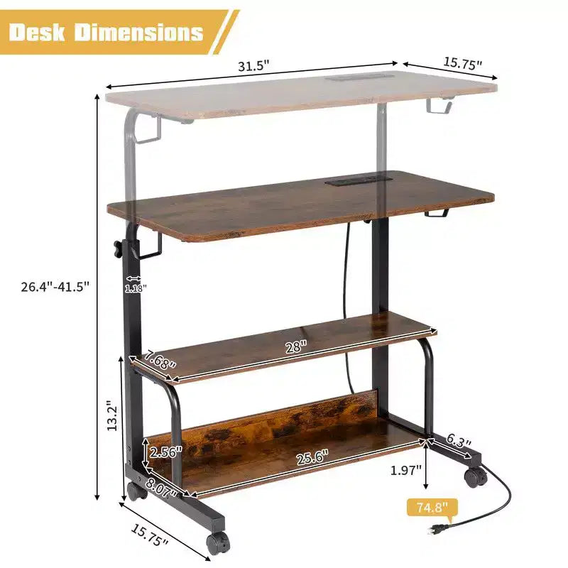 Rolling Height-Adjustable Computer Desk & Laptop Side Table – Charging Station, 2 USB Ports, Brown