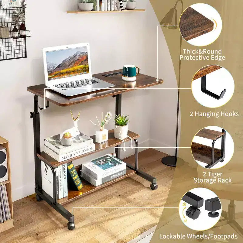 Rolling Height-Adjustable Computer Desk & Laptop Side Table – Charging Station, 2 USB Ports, Brown