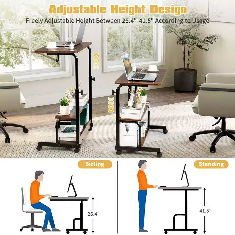 Rolling Height-Adjustable Computer Desk & Laptop Side Table – Charging Station, 2 USB Ports, Brown