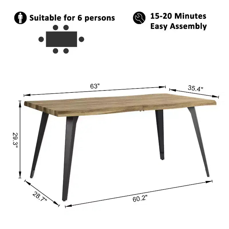 63" Rectangular Dining Table for 6 – Modern Wood Look Top with Black Metal Legs