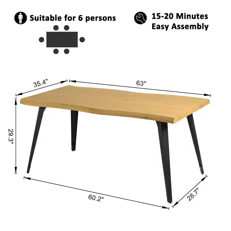 63" Rectangular Dining Table for 6 – Modern Wood Look Top with Black Metal Legs
