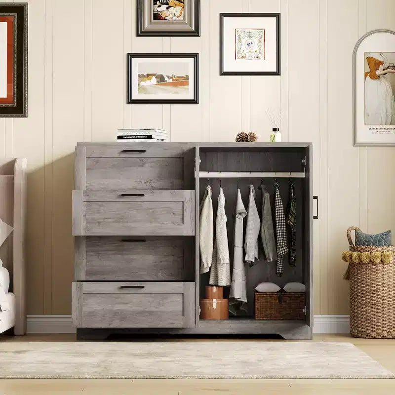43.3" Wooden Armoire Wardrobe Closet – 4 Drawers & 2 Doors Storage Dresser