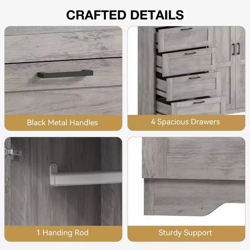 43.3" Wooden Armoire Wardrobe Closet – 4 Drawers & 2 Doors Storage Dresser
