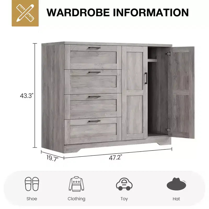 43.3" Wooden Armoire Wardrobe Closet – 4 Drawers & 2 Doors Storage Dresser