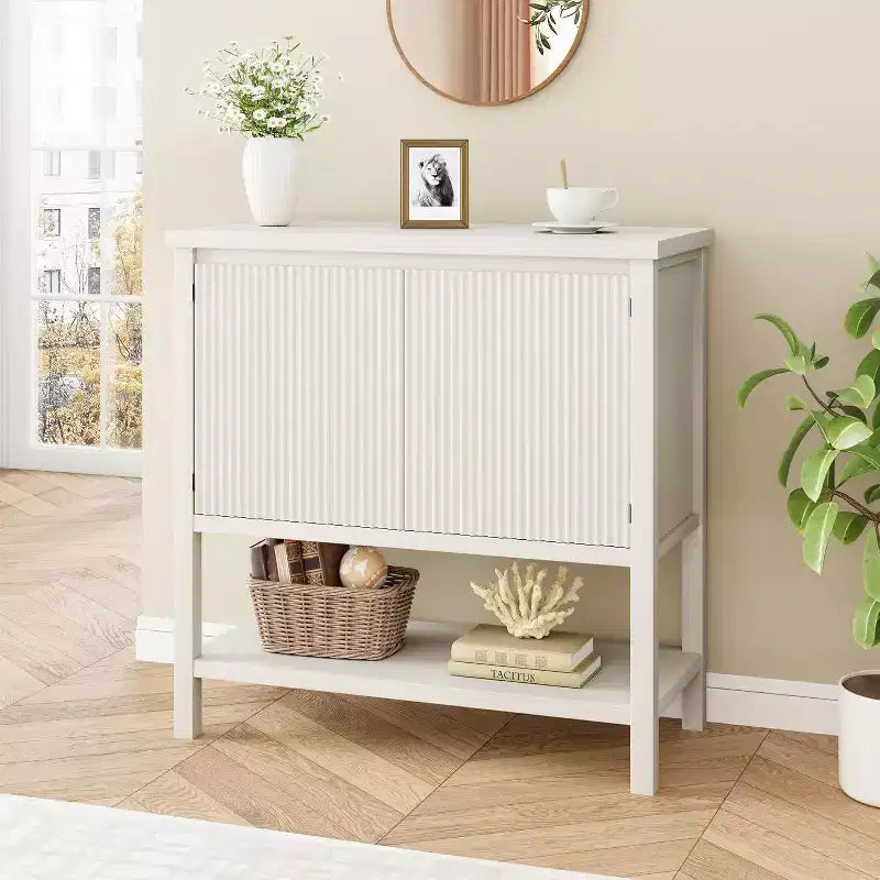 Narrow Console Table with 2-Door Storage – Modern Sideboard & Coffee Bar, White