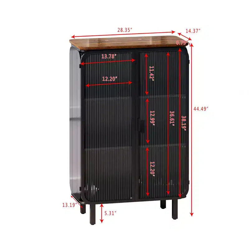 Modern Two-Door Cabinet with Glass Doors – 3-Tier Storage, Fir Wood Top, Black, 28.35"