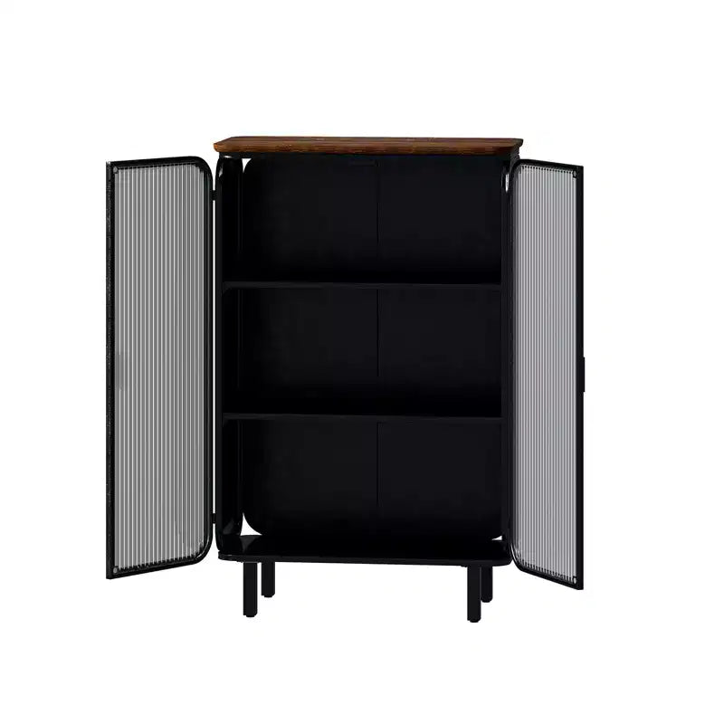 Modern Two-Door Cabinet with Glass Doors – 3-Tier Storage, Fir Wood Top, Black, 28.35"