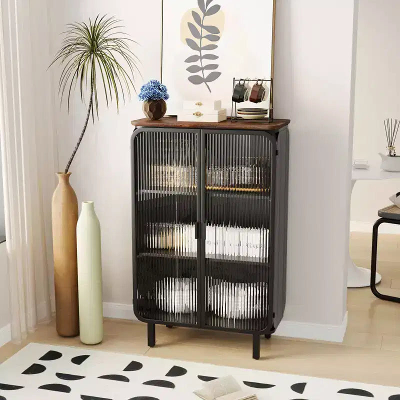Modern Two-Door Cabinet with Glass Doors – 3-Tier Storage, Fir Wood Top, Black, 28.35"