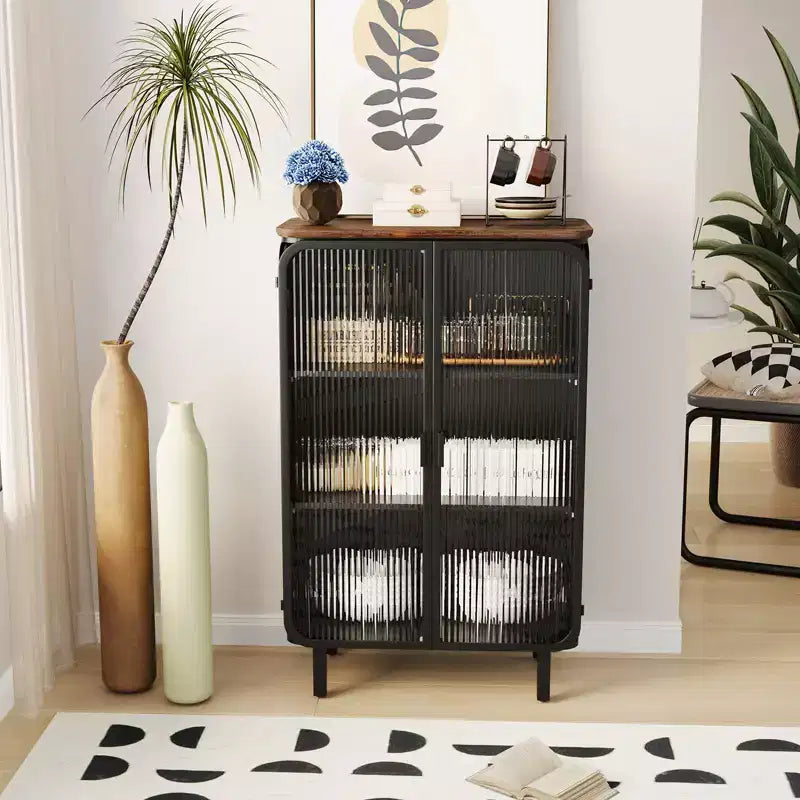 Modern Two-Door Cabinet with Glass Doors – 3-Tier Storage, Fir Wood Top, Black, 28.35"
