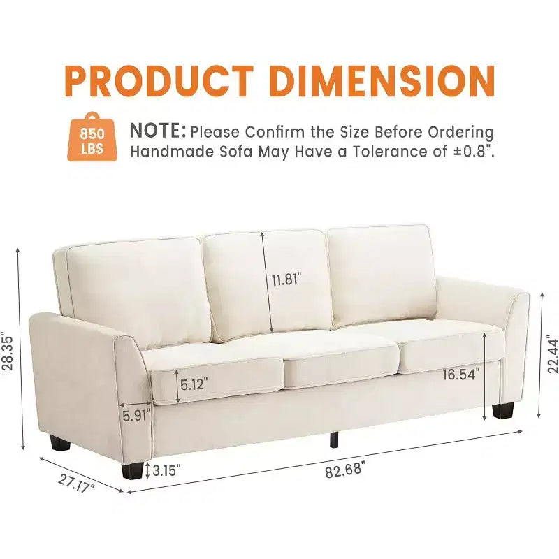 Oversized 83" Modern Chenille 3-Seater Sofa – Deep Seat Lounge Couch with Washable Cover