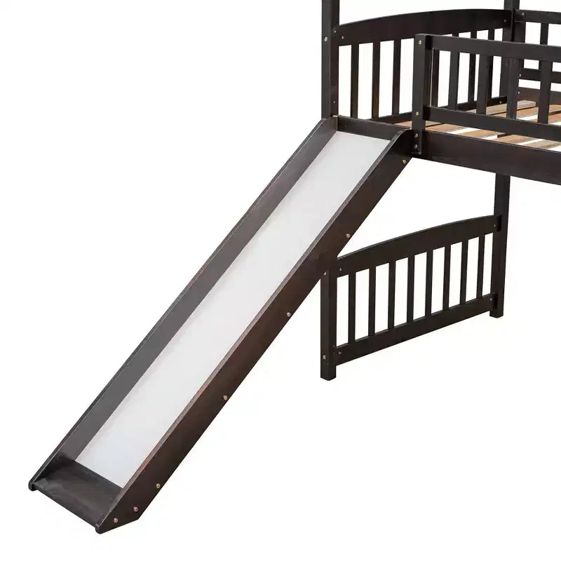 Twin House Loft Bed with Slide – Wood Playhouse Bed Frame with Ladder & Roof