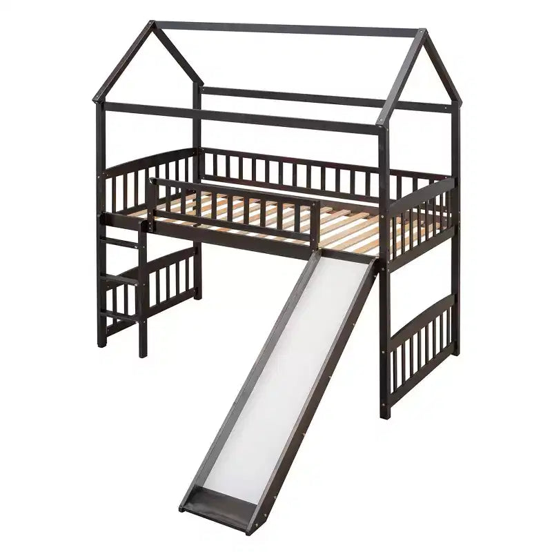 Twin House Loft Bed with Slide – Wood Playhouse Bed Frame with Ladder & Roof
