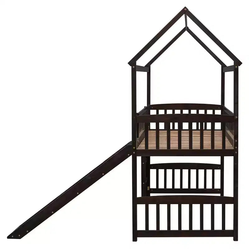 Twin House Loft Bed with Slide – Wood Playhouse Bed Frame with Ladder & Roof