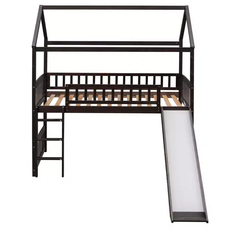 Twin House Loft Bed with Slide – Wood Playhouse Bed Frame with Ladder & Roof