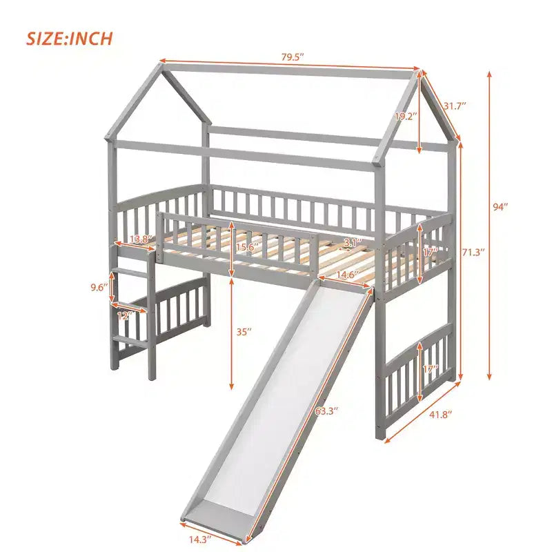 Twin House Loft Bed with Slide – Wood Playhouse Bed Frame with Ladder & Roof