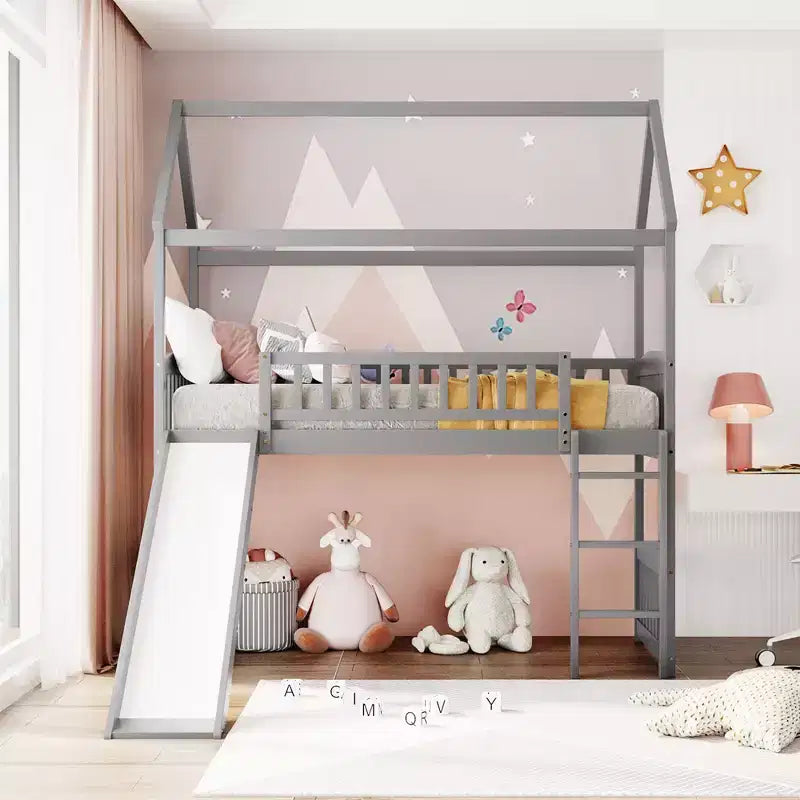 Twin House Loft Bed with Slide – Wood Playhouse Bed Frame with Ladder & Roof