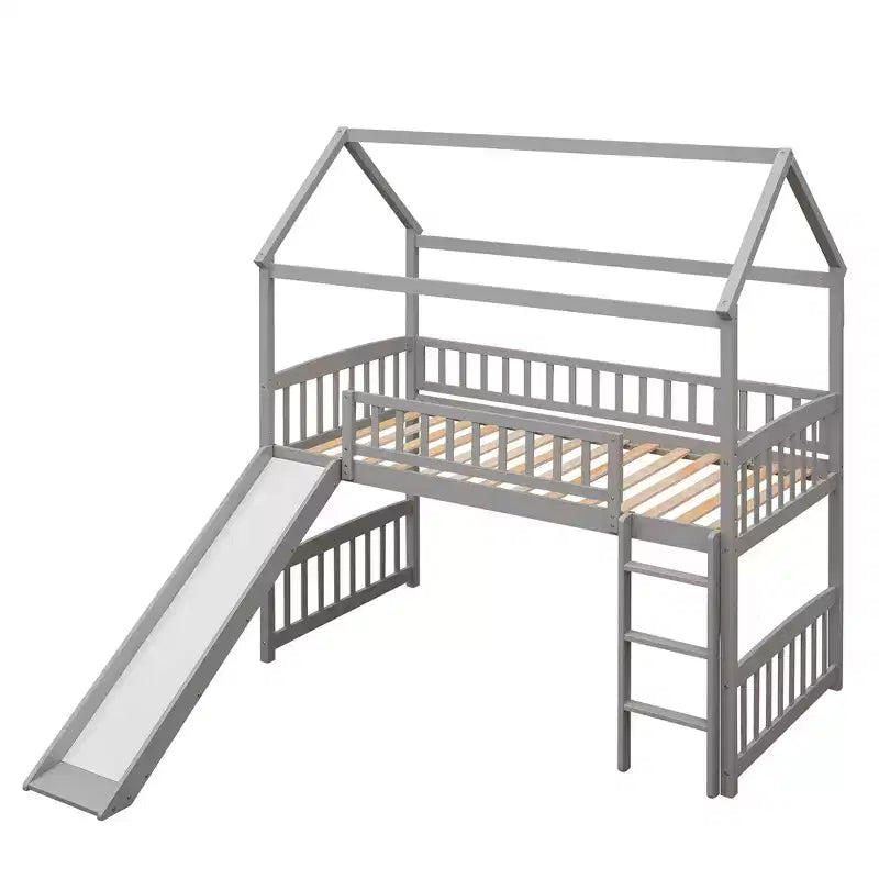 Twin House Loft Bed with Slide – Wood Playhouse Bed Frame with Ladder & Roof