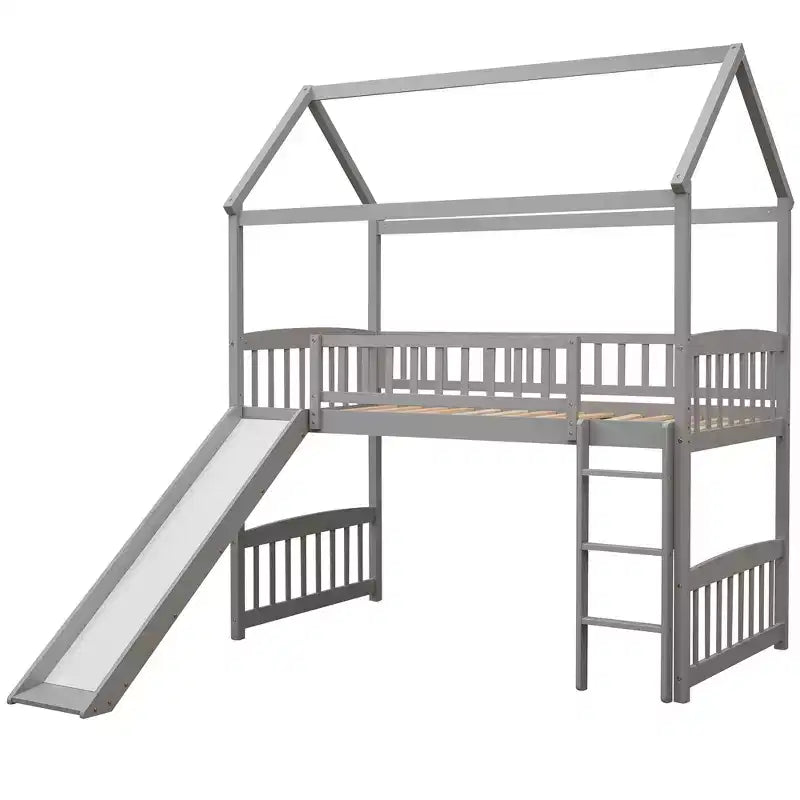Twin House Loft Bed with Slide – Wood Playhouse Bed Frame with Ladder & Roof