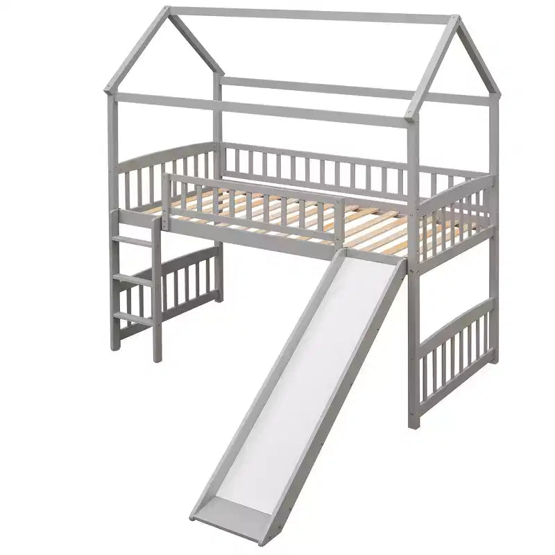 Twin House Loft Bed with Slide – Wood Playhouse Bed Frame with Ladder & Roof