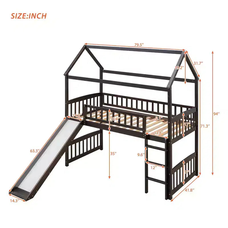 Twin House Loft Bed with Slide – Wood Playhouse Bed Frame with Ladder & Roof