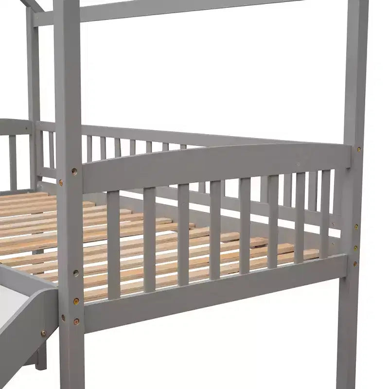 Twin House Loft Bed with Slide – Wood Playhouse Bed Frame with Ladder & Roof