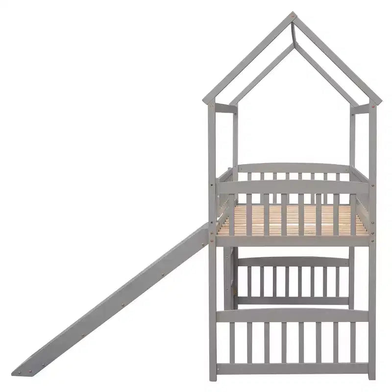 Twin House Loft Bed with Slide – Wood Playhouse Bed Frame with Ladder & Roof