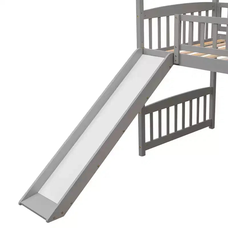 Twin House Loft Bed with Slide – Wood Playhouse Bed Frame with Ladder & Roof