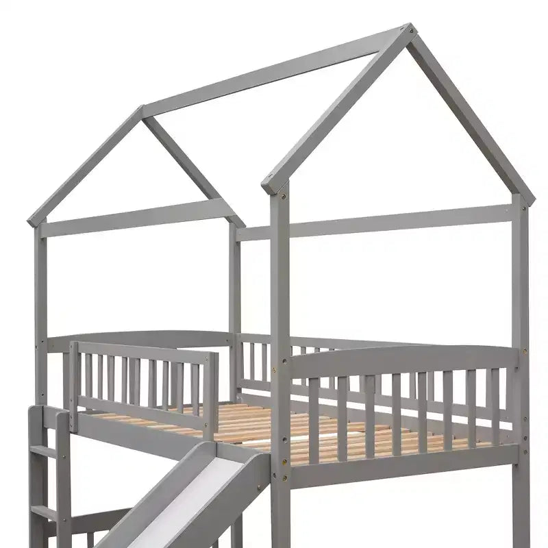 Twin House Loft Bed with Slide – Wood Playhouse Bed Frame with Ladder & Roof