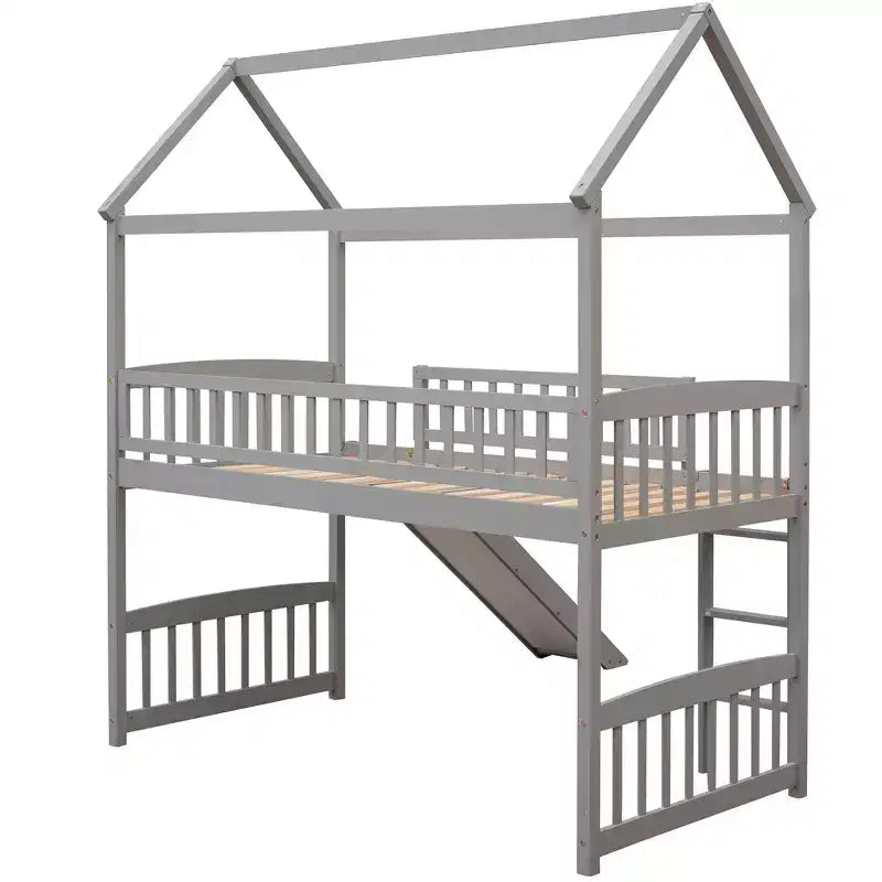 Twin House Loft Bed with Slide – Wood Playhouse Bed Frame with Ladder & Roof