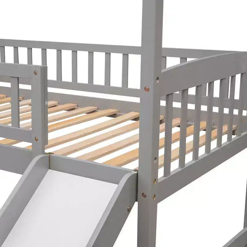 Twin House Loft Bed with Slide – Wood Playhouse Bed Frame with Ladder & Roof