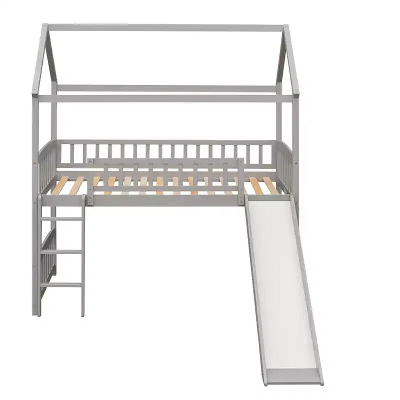 Twin House Loft Bed with Slide – Wood Playhouse Bed Frame with Ladder & Roof