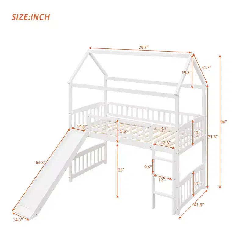 Twin House Loft Bed with Slide – Wood Playhouse Bed Frame with Ladder & Roof