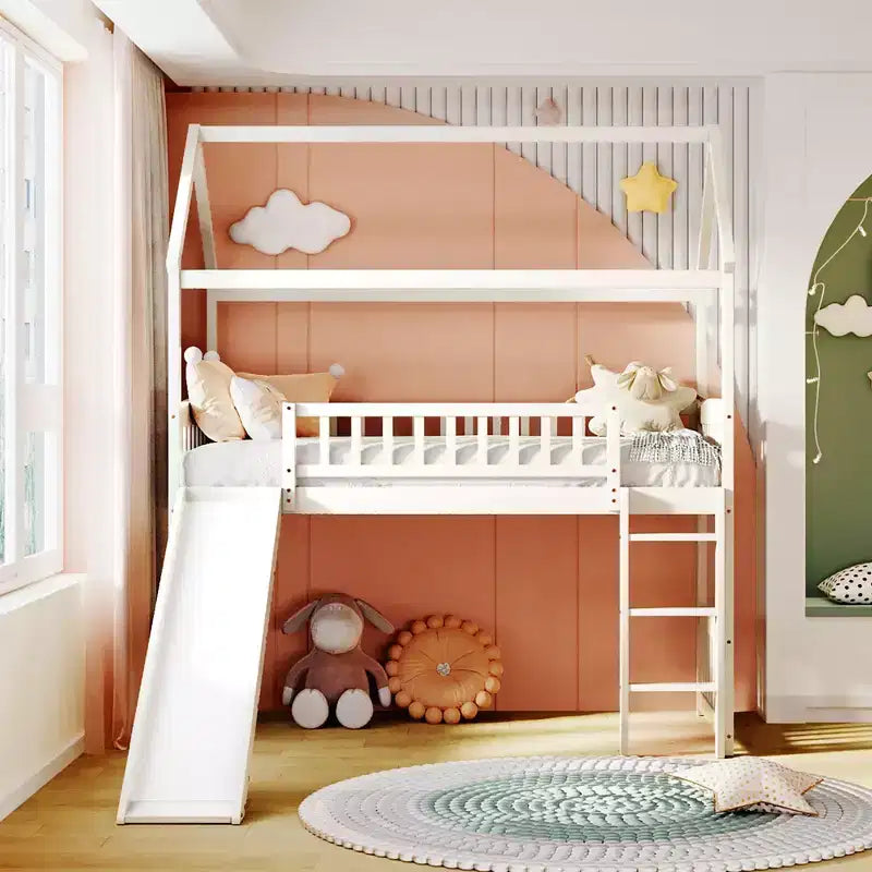 Twin House Loft Bed with Slide – Wood Playhouse Bed Frame with Ladder & Roof