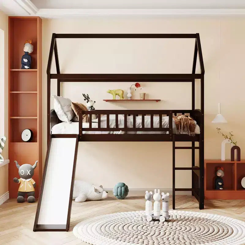 Twin House Loft Bed with Slide – Wood Playhouse Bed Frame with Ladder & Roof