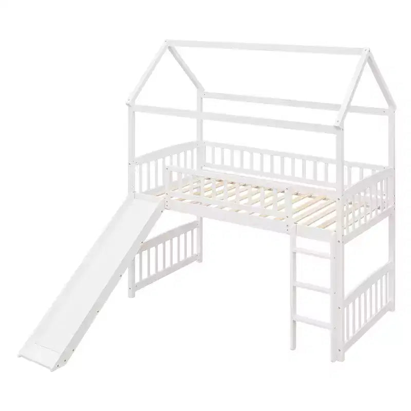 Twin House Loft Bed with Slide – Wood Playhouse Bed Frame with Ladder & Roof