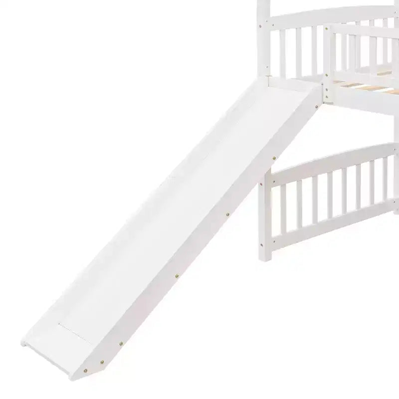 Twin House Loft Bed with Slide – Wood Playhouse Bed Frame with Ladder & Roof