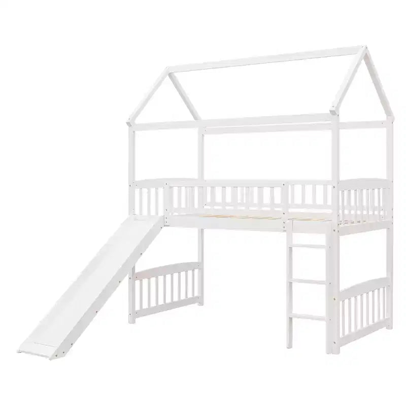 Twin House Loft Bed with Slide – Wood Playhouse Bed Frame with Ladder & Roof