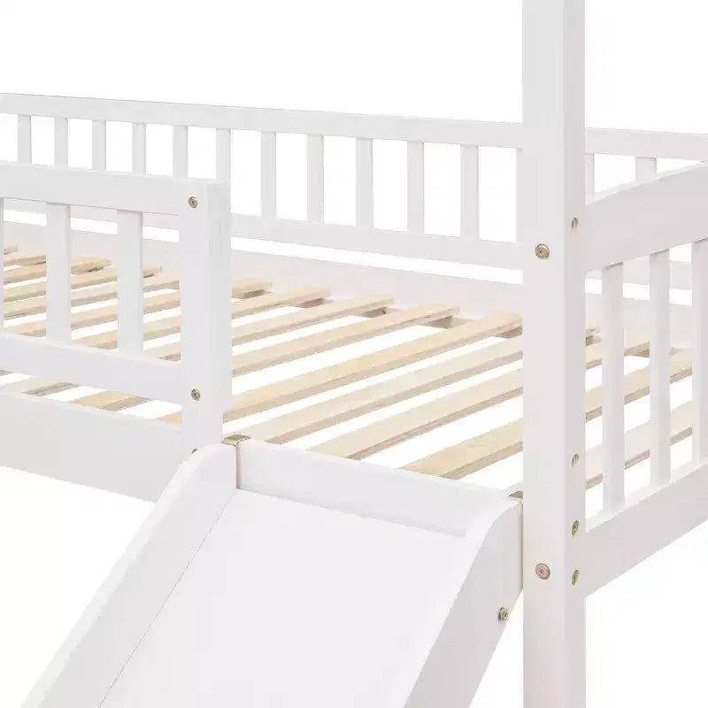 Twin House Loft Bed with Slide – Wood Playhouse Bed Frame with Ladder & Roof