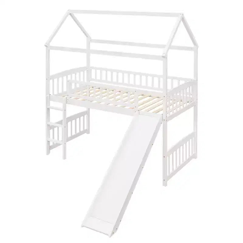 Twin House Loft Bed with Slide – Wood Playhouse Bed Frame with Ladder & Roof