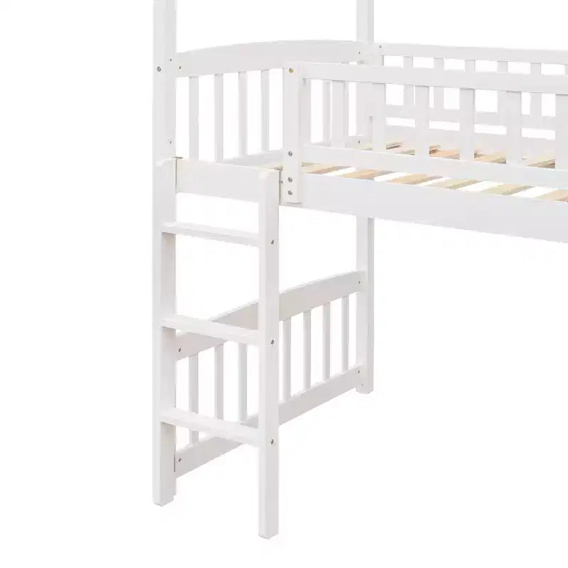 Twin House Loft Bed with Slide – Wood Playhouse Bed Frame with Ladder & Roof