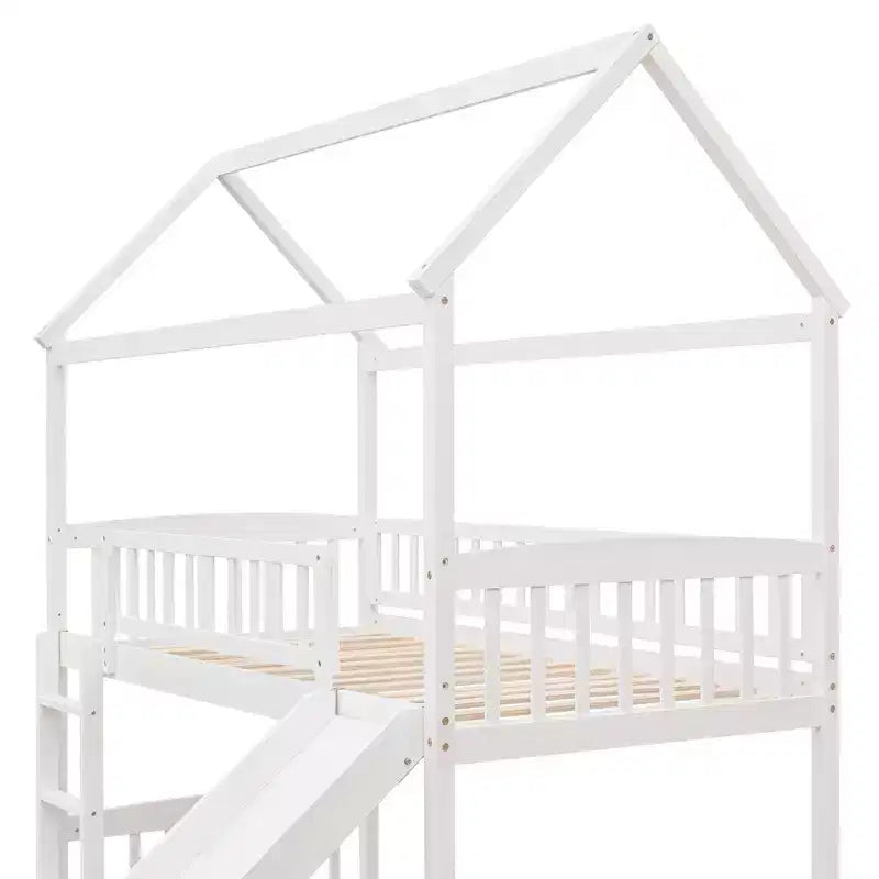 Twin House Loft Bed with Slide – Wood Playhouse Bed Frame with Ladder & Roof