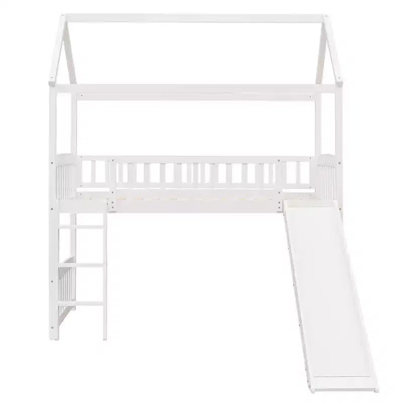 Twin House Loft Bed with Slide – Wood Playhouse Bed Frame with Ladder & Roof