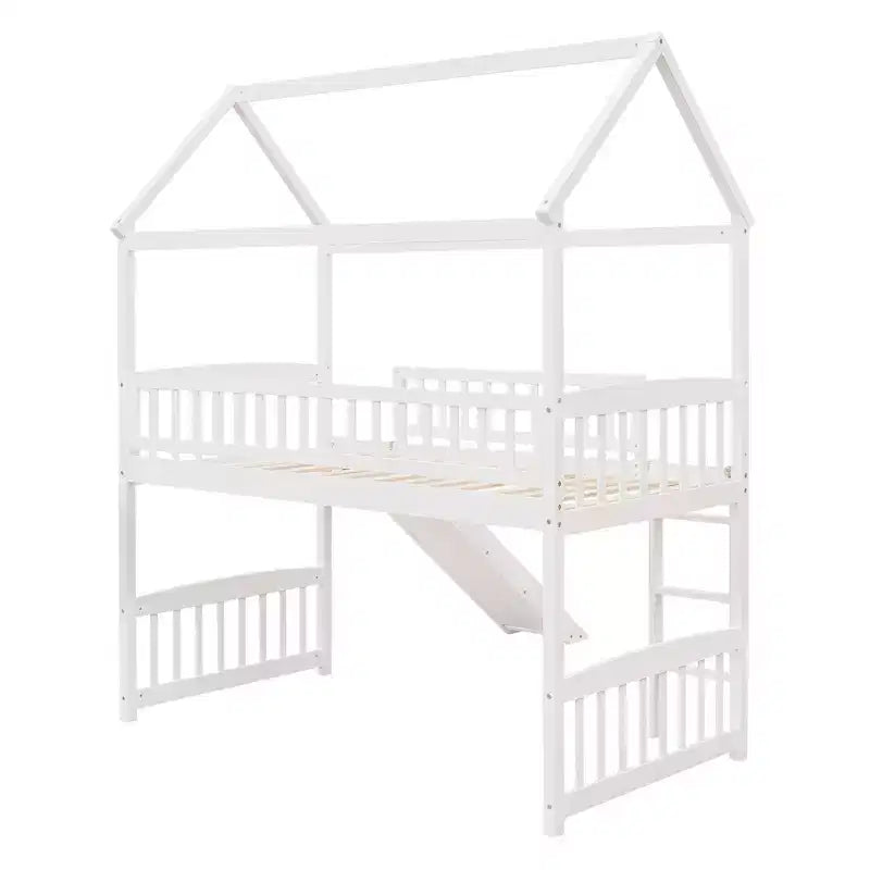 Twin House Loft Bed with Slide – Wood Playhouse Bed Frame with Ladder & Roof