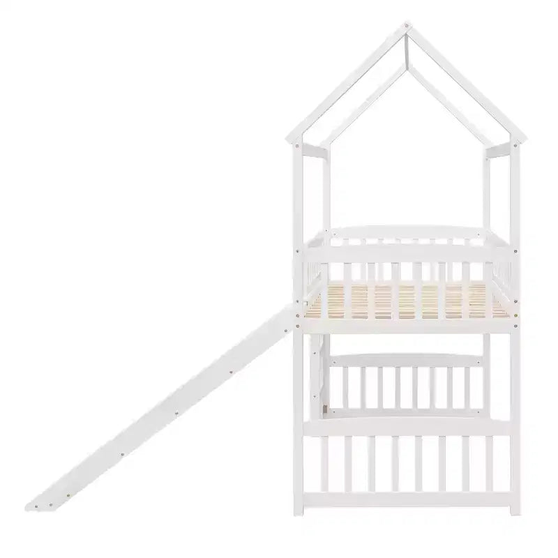 Twin House Loft Bed with Slide – Wood Playhouse Bed Frame with Ladder & Roof