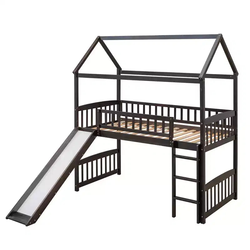 Twin House Loft Bed with Slide – Wood Playhouse Bed Frame with Ladder & Roof