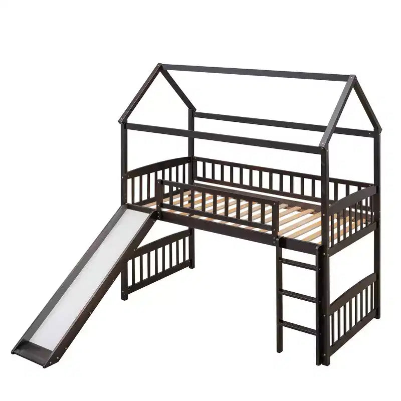 Twin House Loft Bed with Slide – Wood Playhouse Bed Frame with Ladder & Roof