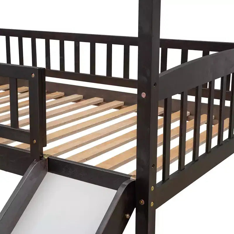 Twin House Loft Bed with Slide – Wood Playhouse Bed Frame with Ladder & Roof