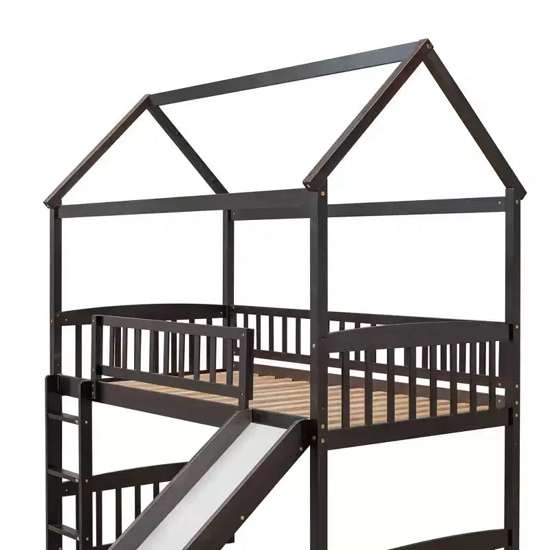 Twin House Loft Bed with Slide – Wood Playhouse Bed Frame with Ladder & Roof