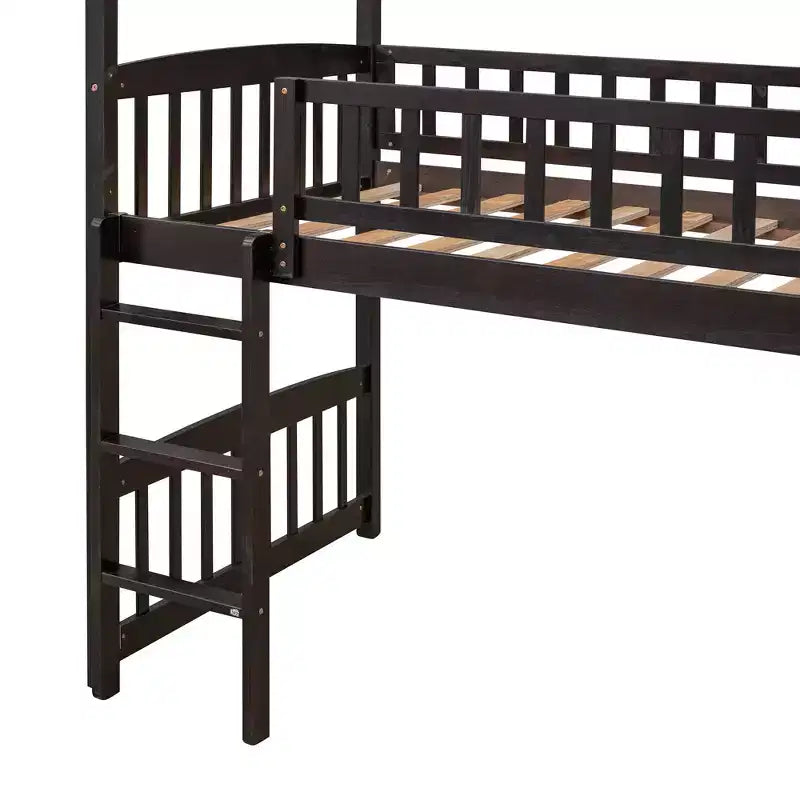 Twin House Loft Bed with Slide – Wood Playhouse Bed Frame with Ladder & Roof