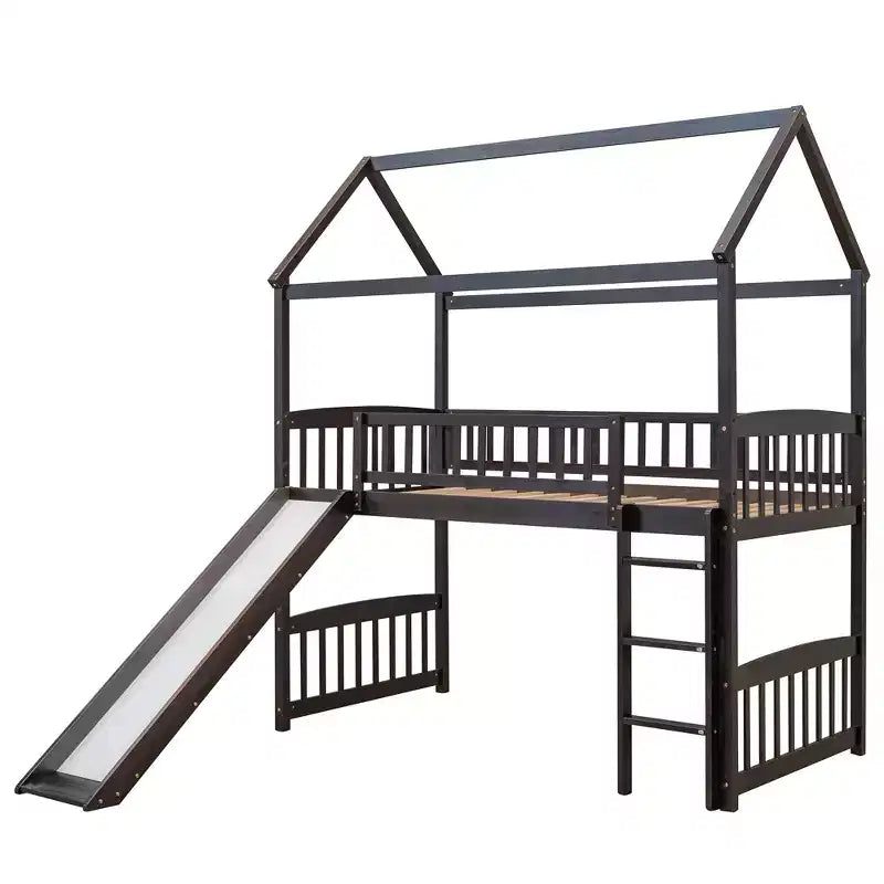 Twin House Loft Bed with Slide – Wood Playhouse Bed Frame with Ladder & Roof